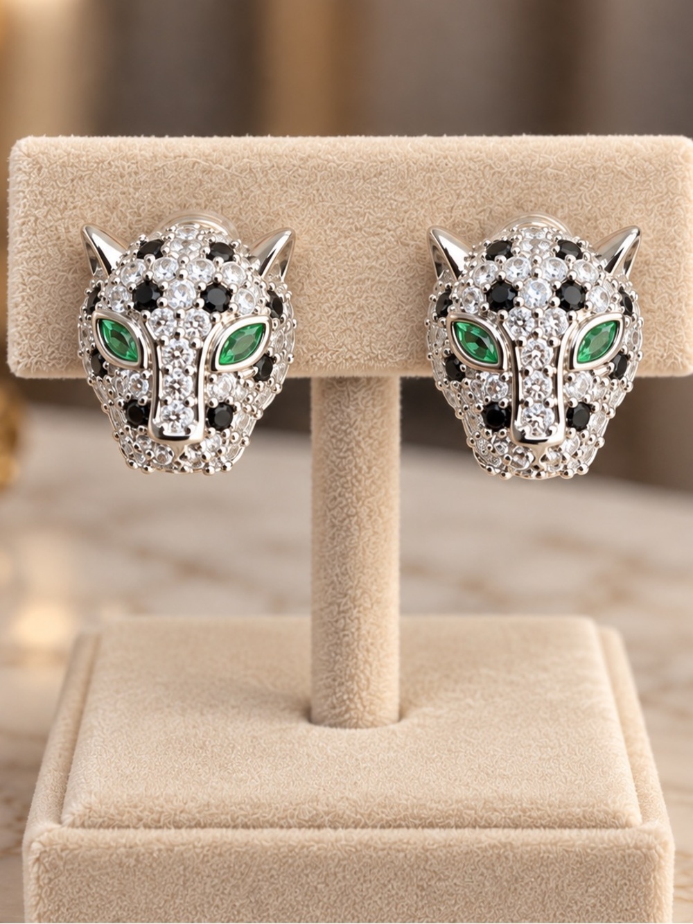 Silver Panther Head Stud Earrings with Green Eyes